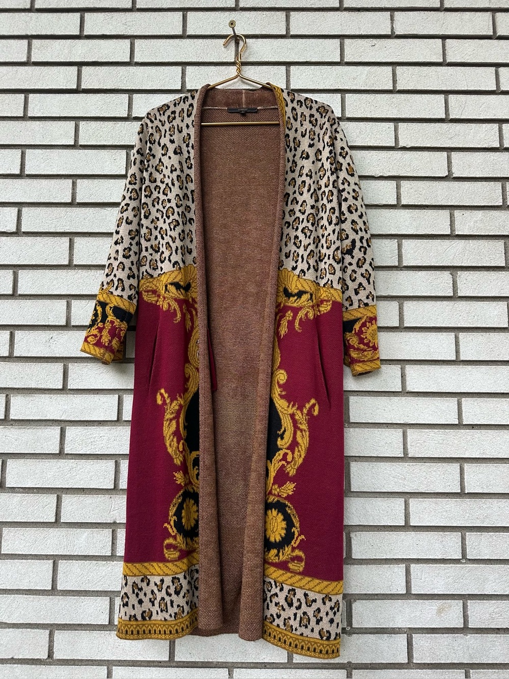 Maxsport S Leopard Baroque Scarf Print Longline Knit Duster Cardigan Sweater